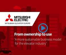 Mitsubishi electrics logotyp på en illustration med bilar, och texten From ownershop to use. A more sustainable business model for the elevator industry.