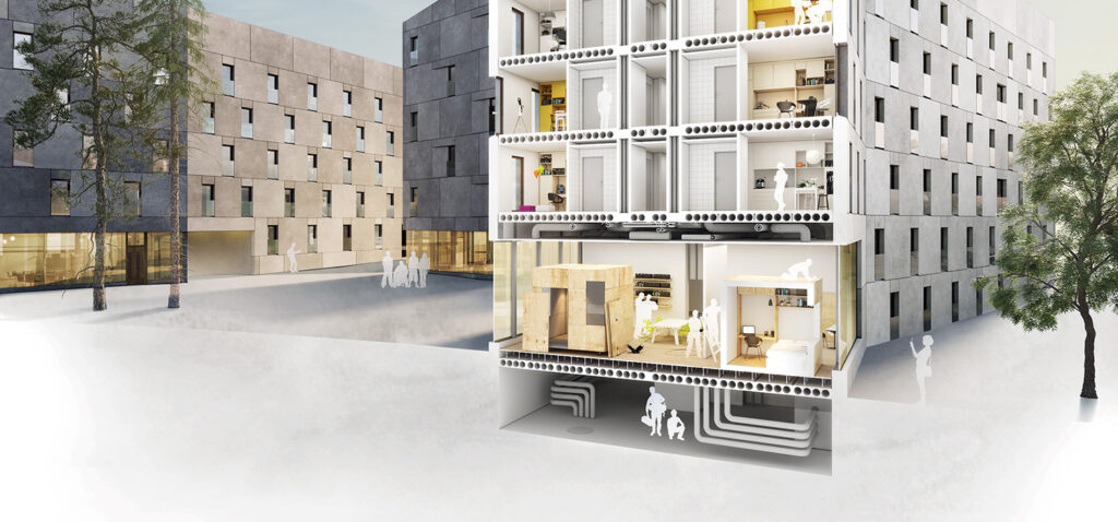 Illustration av lägenhetshus med kortsidan utan vägg, så att man kan se in i olika rum.