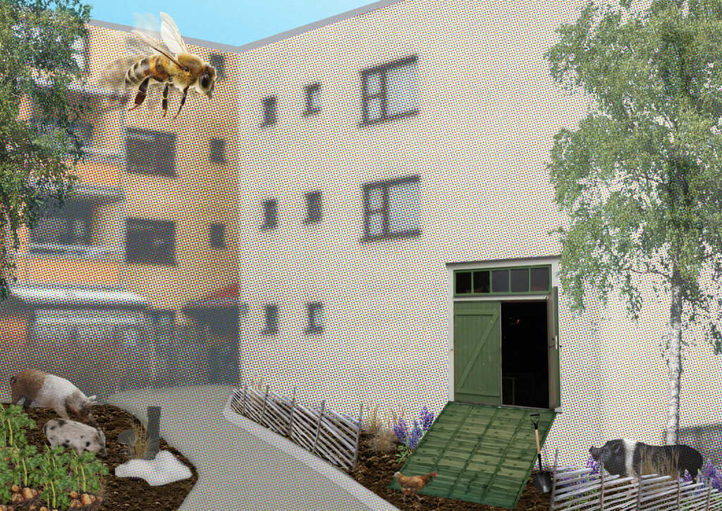 Illustration av bostadsbyggnader med en loge. Djur betar utanför och en stor humla är i förgrunden av bilden.