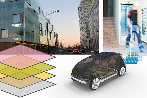 Bilden består av två foton, en på en väg i en stad med byggnader på varje sida om vägen och den andra på en person som går i en trappuppgång. Två illustrationer nedanför bilderna, en på en bil och en på plattor i olika färger som ligger ovanpå varandra.