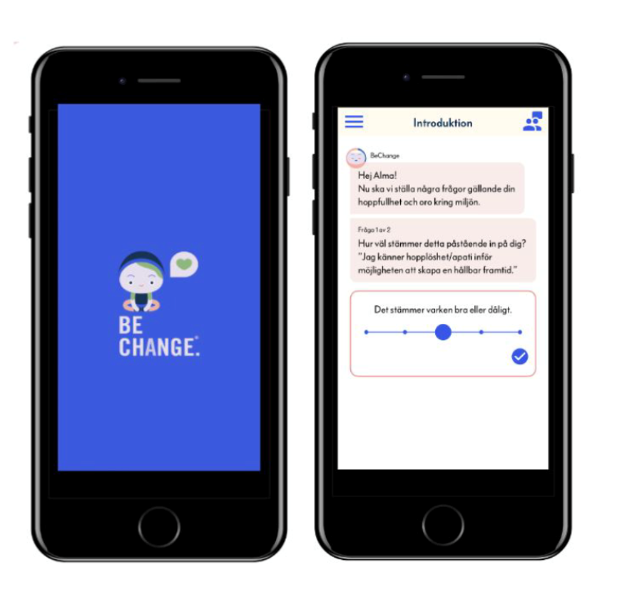 Illustration av två mobiltelefoner med bilder från BeChanges app.