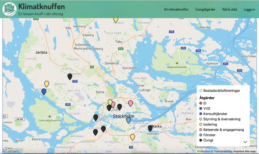 Skärmdump från Klimatknuffen.se, som visar en karta med fokus på Stockholm.