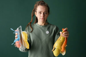 Tjej som håller plaståtervinning i ena handen och skal från frukt i den andra handen.