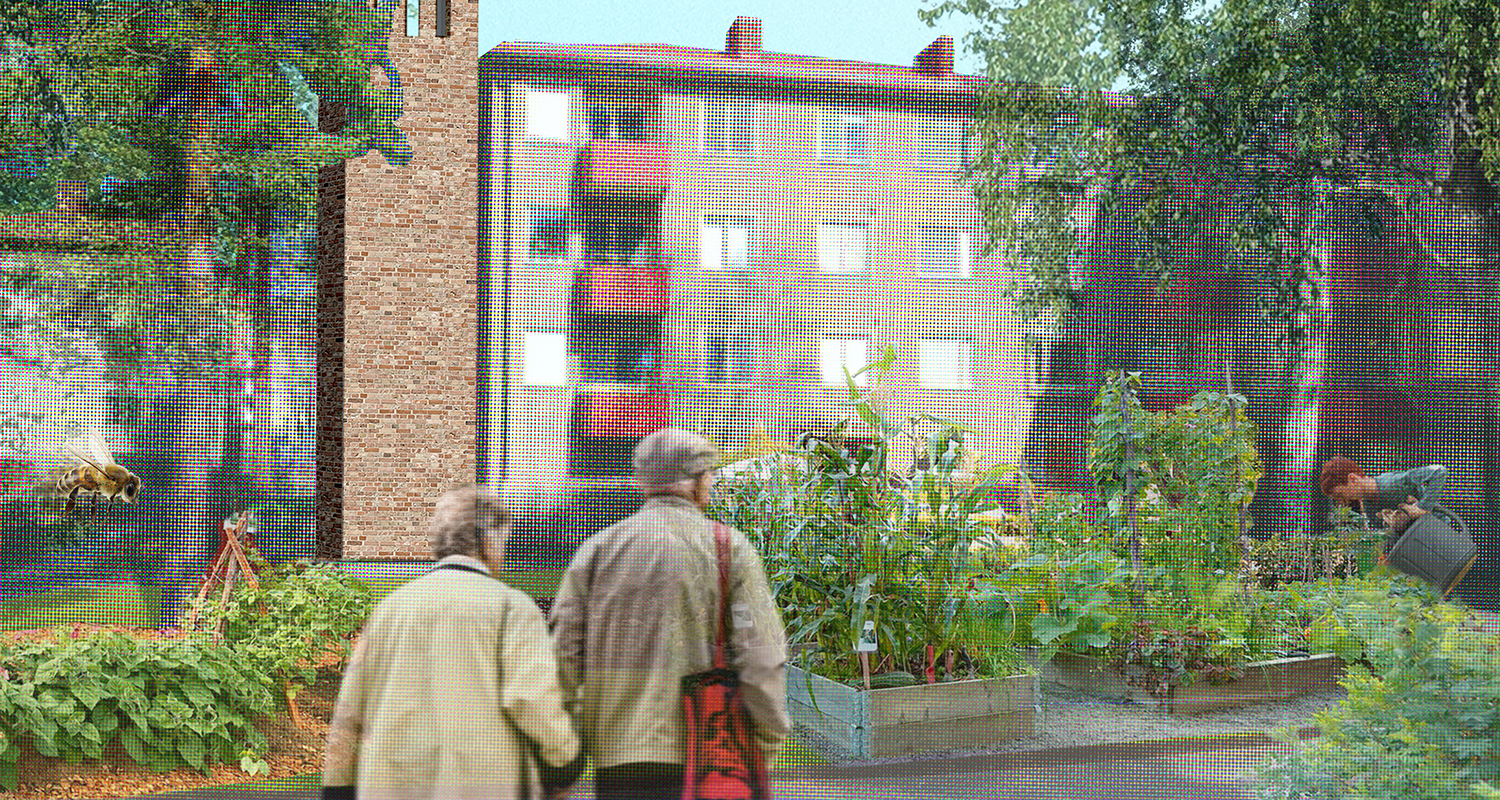 Illustrerad bild av ett äldre par som går och håller varandra i handen. I bakgrunden syns bostadshus och odlingar.