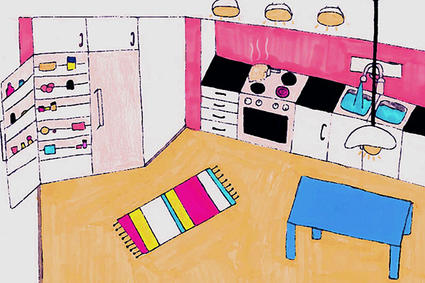Illustration av ett kök, med ett ljusblått bord och randig matta.