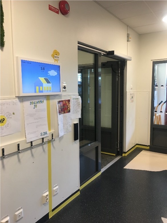 Inomhus i ett kapprum på en skola. En gul linje går från dörren, längst ner på vägg in i rummet och upp till en dataskärm.