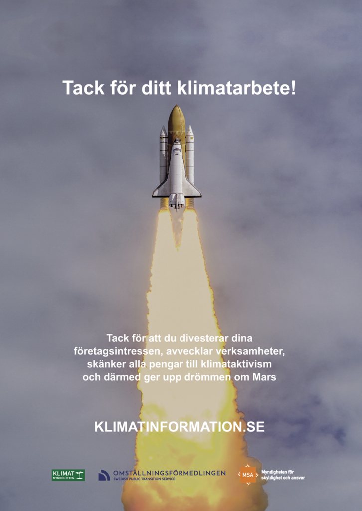Affisch med en bild på en rymdraket som skjuts upp. Affischen har rubriken "Tack för ditt klimatarbete!".