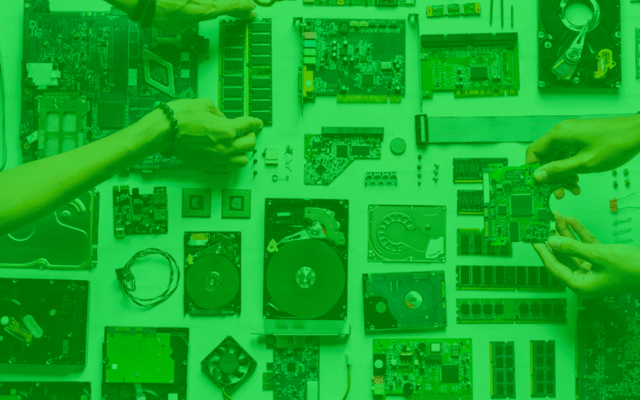 En samlingsbild över elektronikprodukter med grönt filter över, projektbild för Cirkulär produktdesign för resurs- och energieffektiv hemelektronik
