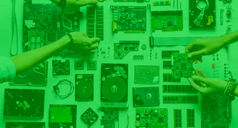 En samlingsbild över elektronikprodukter med grönt filter över, projektbild för Cirkulär produktdesign för resurs- och energieffektiv hemelektronik 
