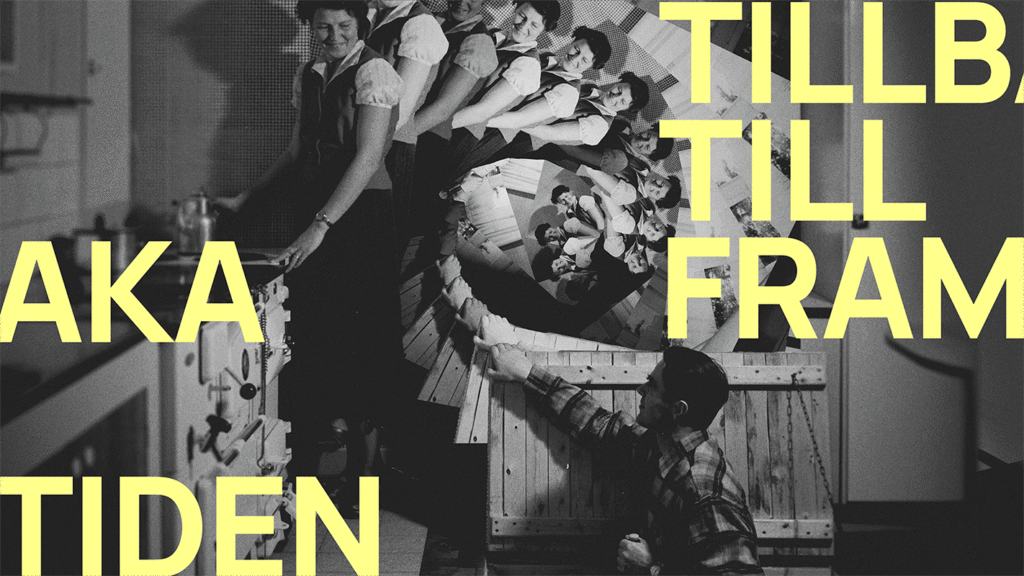 En man och en kvinna i ett kök av 60-talssnitt, förvrängt som en tidssnurra i svartvitt. Gul text över "Tillbaka till framtiden"