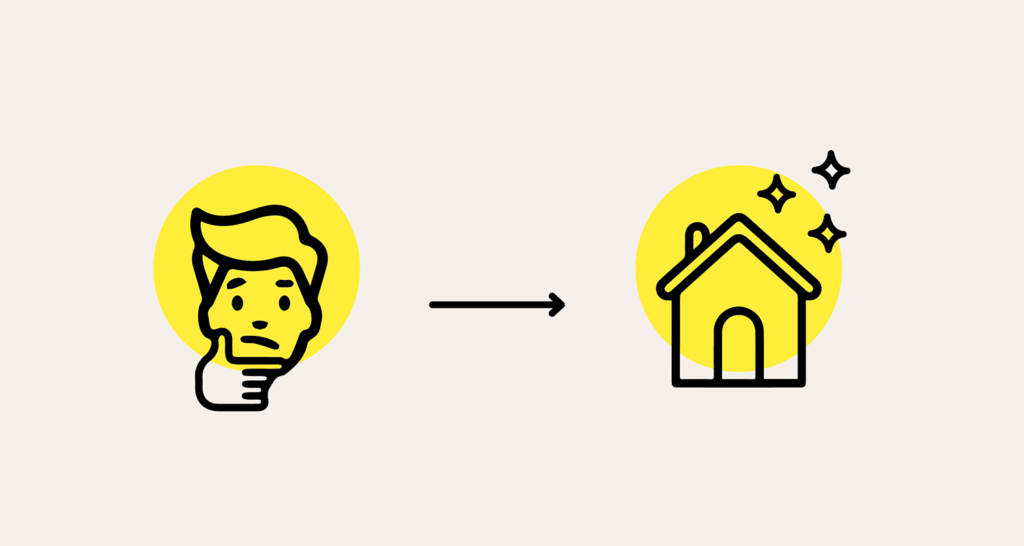 Två illustrationer, till vänster en funderande person och till höger ett hus. Mellan dem en pil som pekar åt höger.