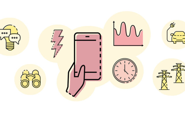 Illustrerade ikoner av bla en glödlampa, mobil, kocka, blixt