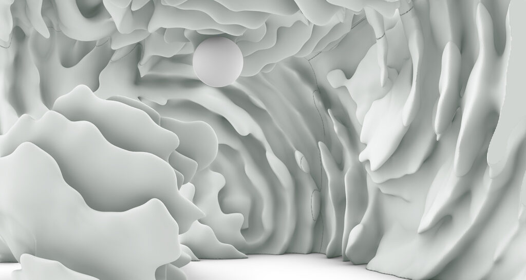 En modulerad ljus interiör med bulliga former och linjer.