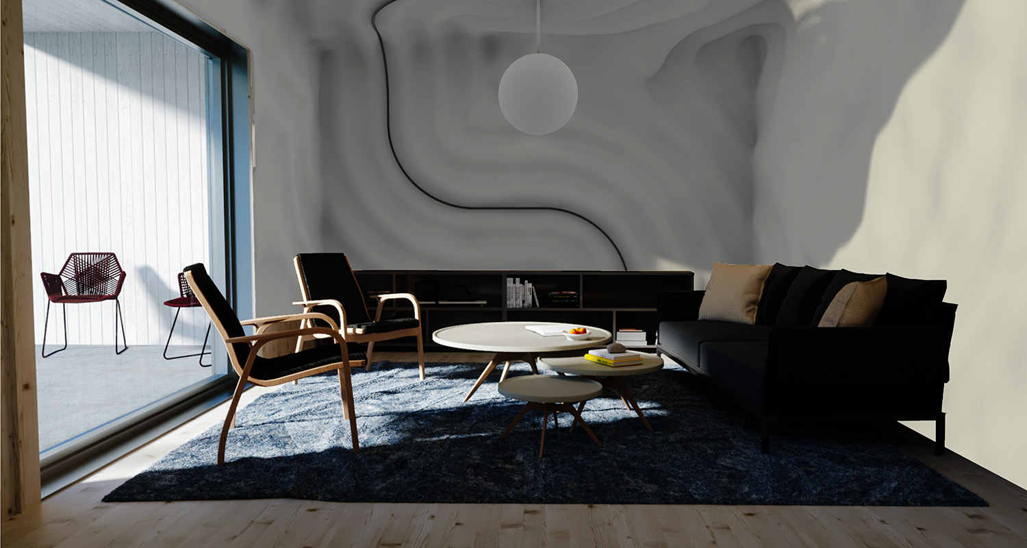 Interiör genererad genom computational design där energirelaterade objekt definierar avståndsfält (signed distance fields) som beräkningsmässigt moduleras och kombineras för att forma rumslig geometri och ytuttryck. Design: Max Spett/LTU.